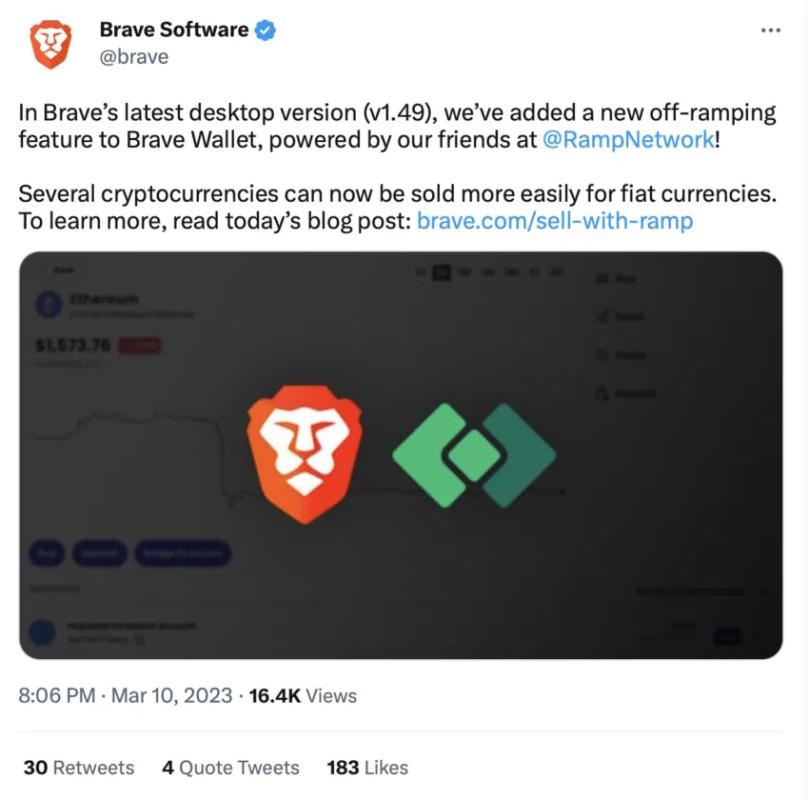  В браузере Brave теперь можно продавать криптовалюту, не покидая кошелька