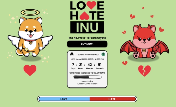 
 Предпродажа Love Hate Inu достигла рубежа в 1 миллион долларов – валюта, которая позволяет вам голосовать и зарабатывать большие деньги                