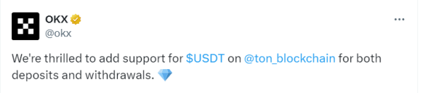 Биржа OKX объявила о поддержке стейблкоина USDT на блокчейне TON